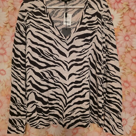 NWT RAILS Black Ivory Tiger Stripe Long Sleeve V-Neck Linen Blend Top - Picture 1 of 7
